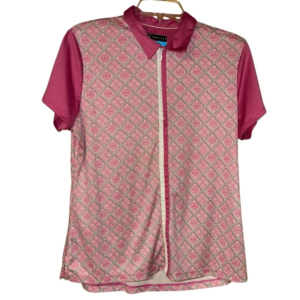 PGA Tour Women’s Zip Polo Shirt Golf Active Pink White Geometric Size‎ Large